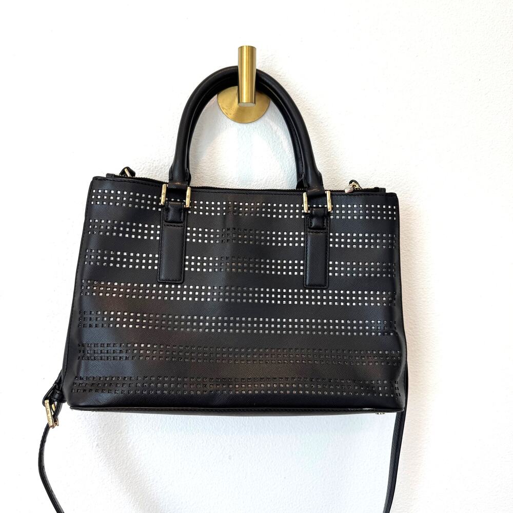 Tory Burch Black Robinson Laser Cut Saffiano Leather Double Zip Satchel Bag - Picture 2 of 16